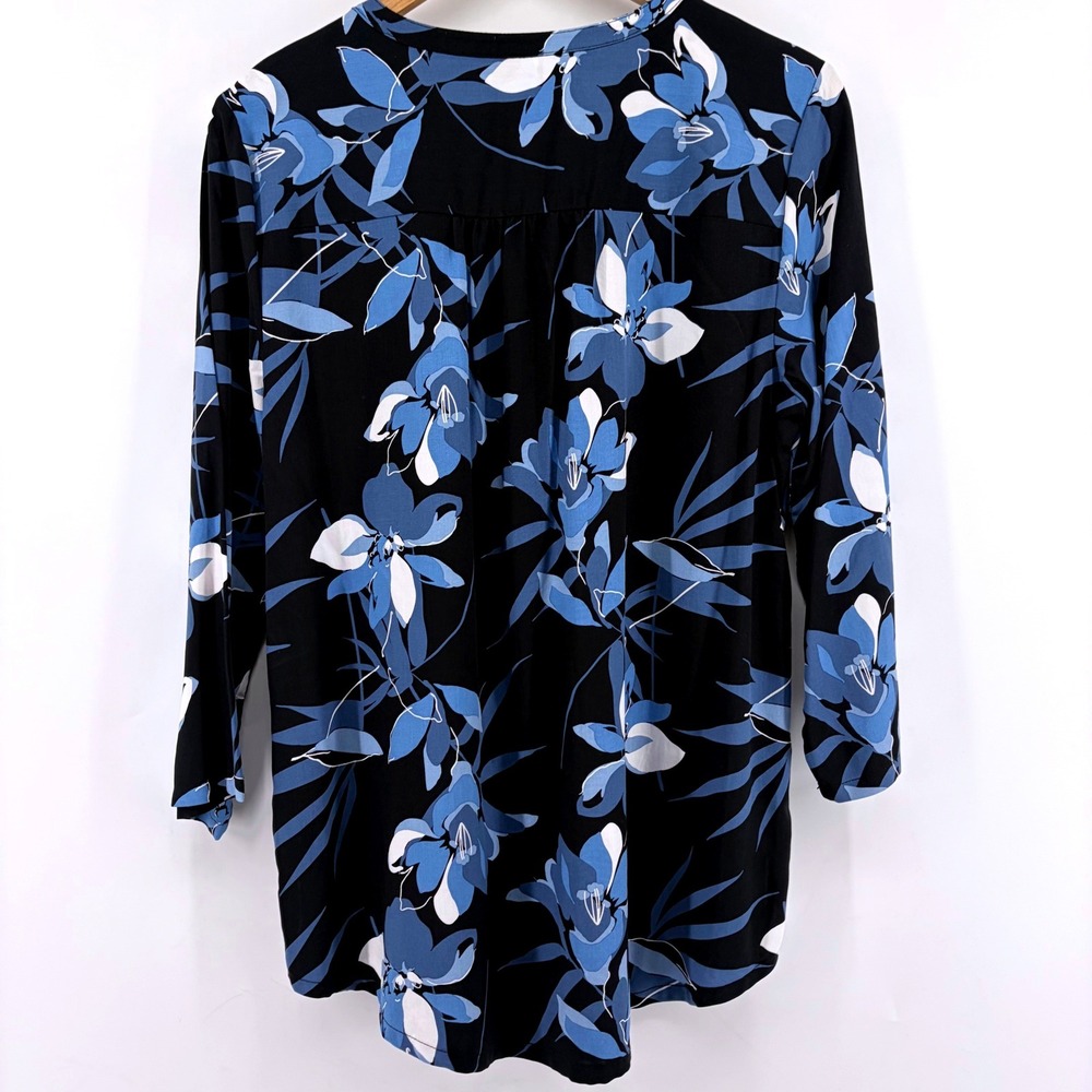 Liz Claiborne Womens Blue Floral Rayon Blouse 3/4 Sleeve Black Tunic Top Size M - Picture 4 of 8